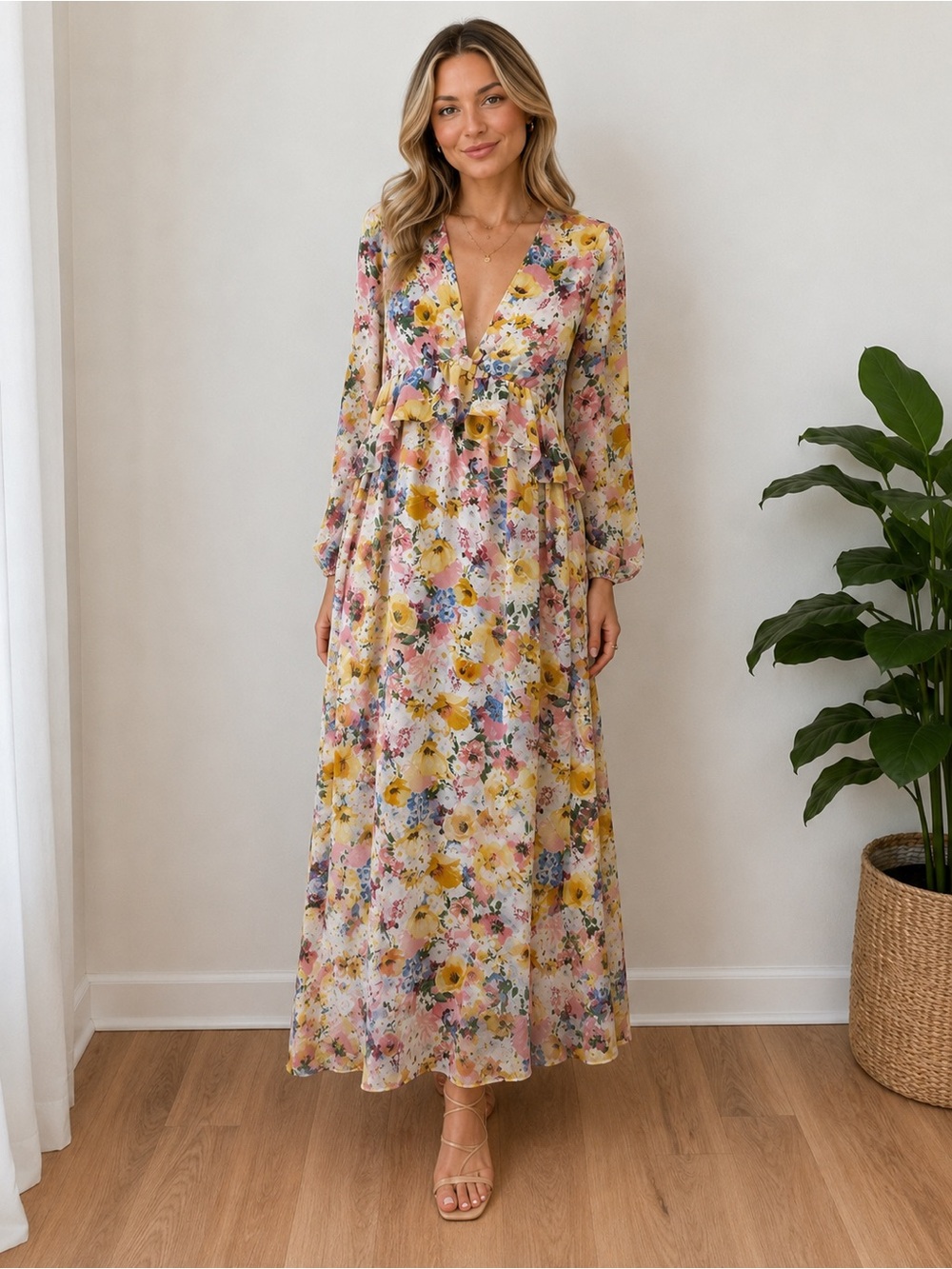 BuddyLove Floral Maxi Dress Small Boho Cottagecore Ruffle Long Sleeve NWOT